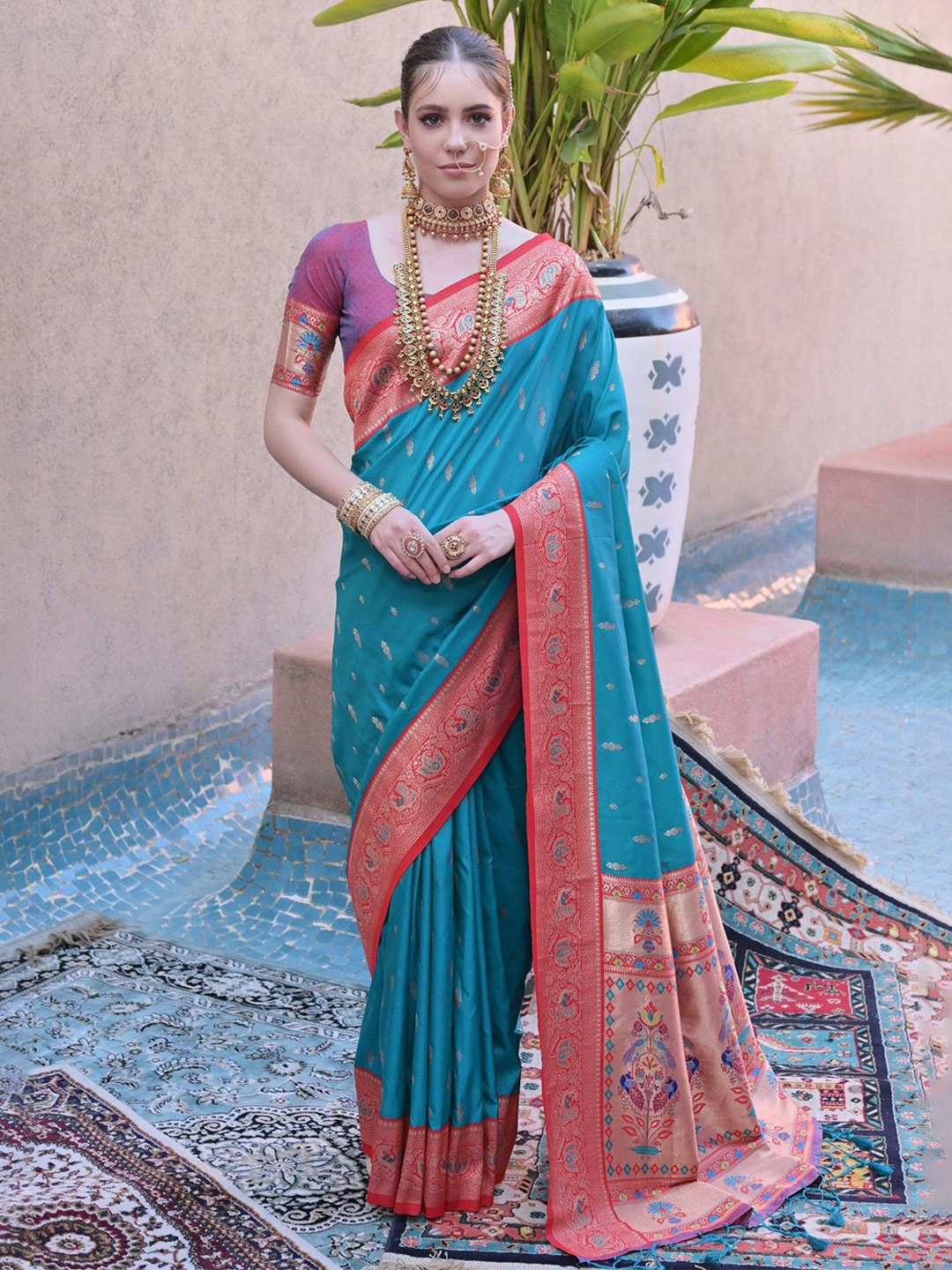 

MySilkLove Ethnic Motifs Woven Design Zari Paithani Saree, Blue