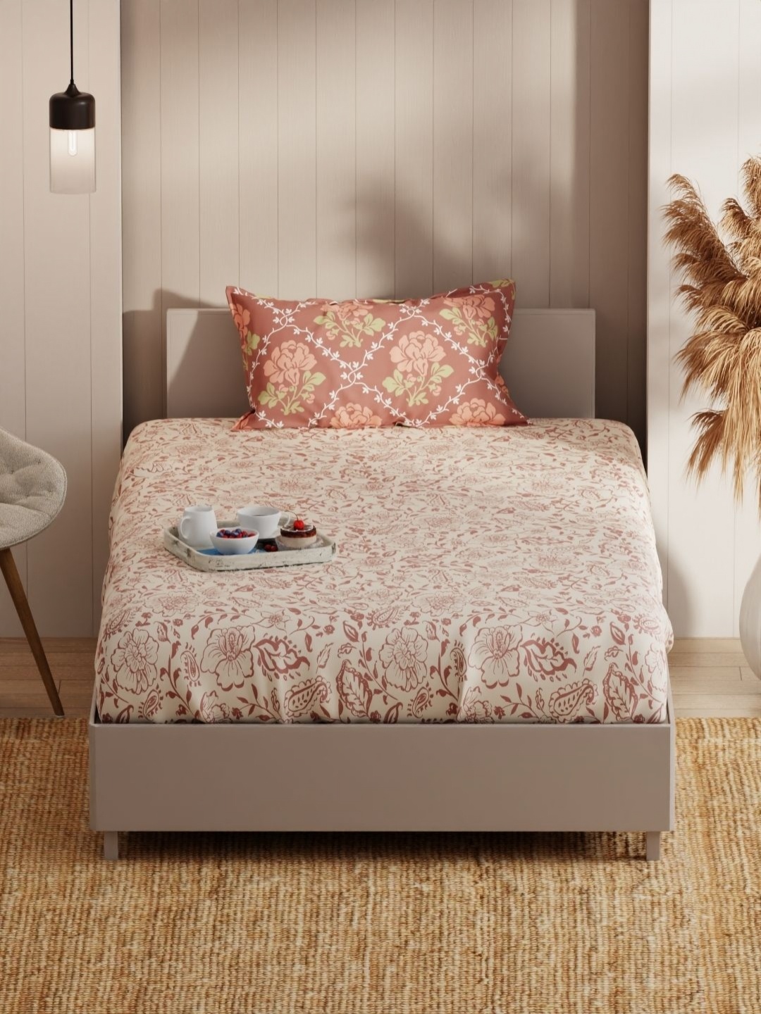

KOPA Beige Floral Microfiber 152 TC Single Bedsheet with 1 Pillow Cover 1.5 x 2.3m