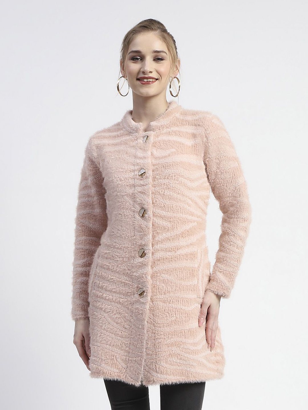 

Madame Women Self Design Quirky Fuzzy Cardigan Sweater, Pink