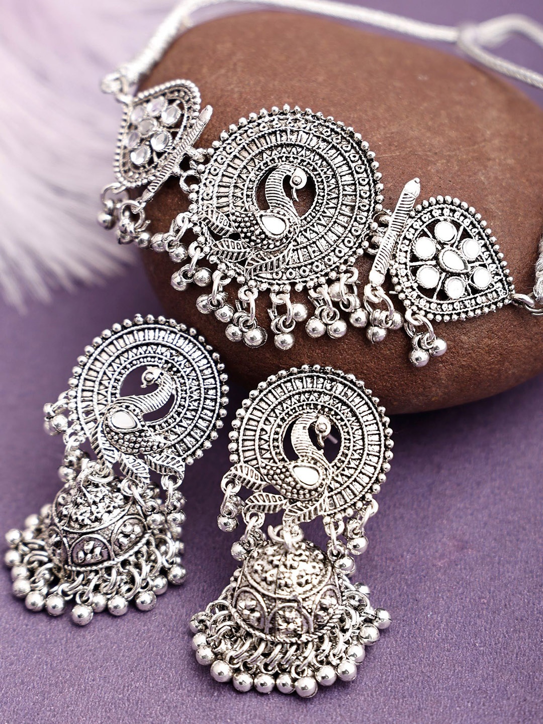 

SUNHARI Stone-Studded & Beaded Jewellery Set, Silver