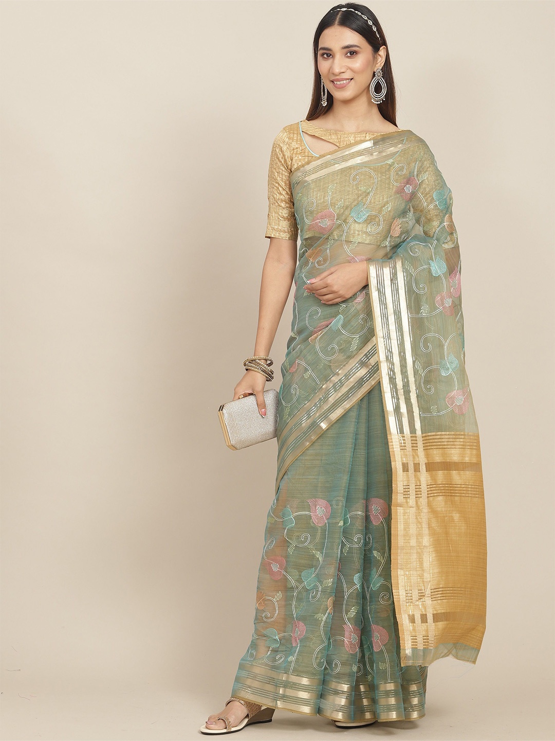 

KAVINDI Floral Embroidered Organza Saree, Turquoise blue