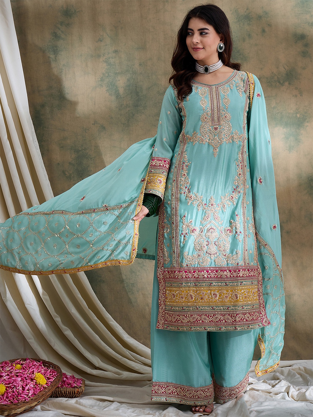 

Miss Ethnik Ethnic Motifs Embroidered Round Neck Straight Kurta with Palazzos & Dupatta, Turquoise blue