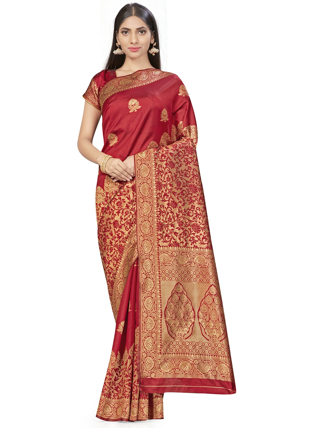 

Maroosh Woven Design Zari Silk Blend Banarasi Saree, Red