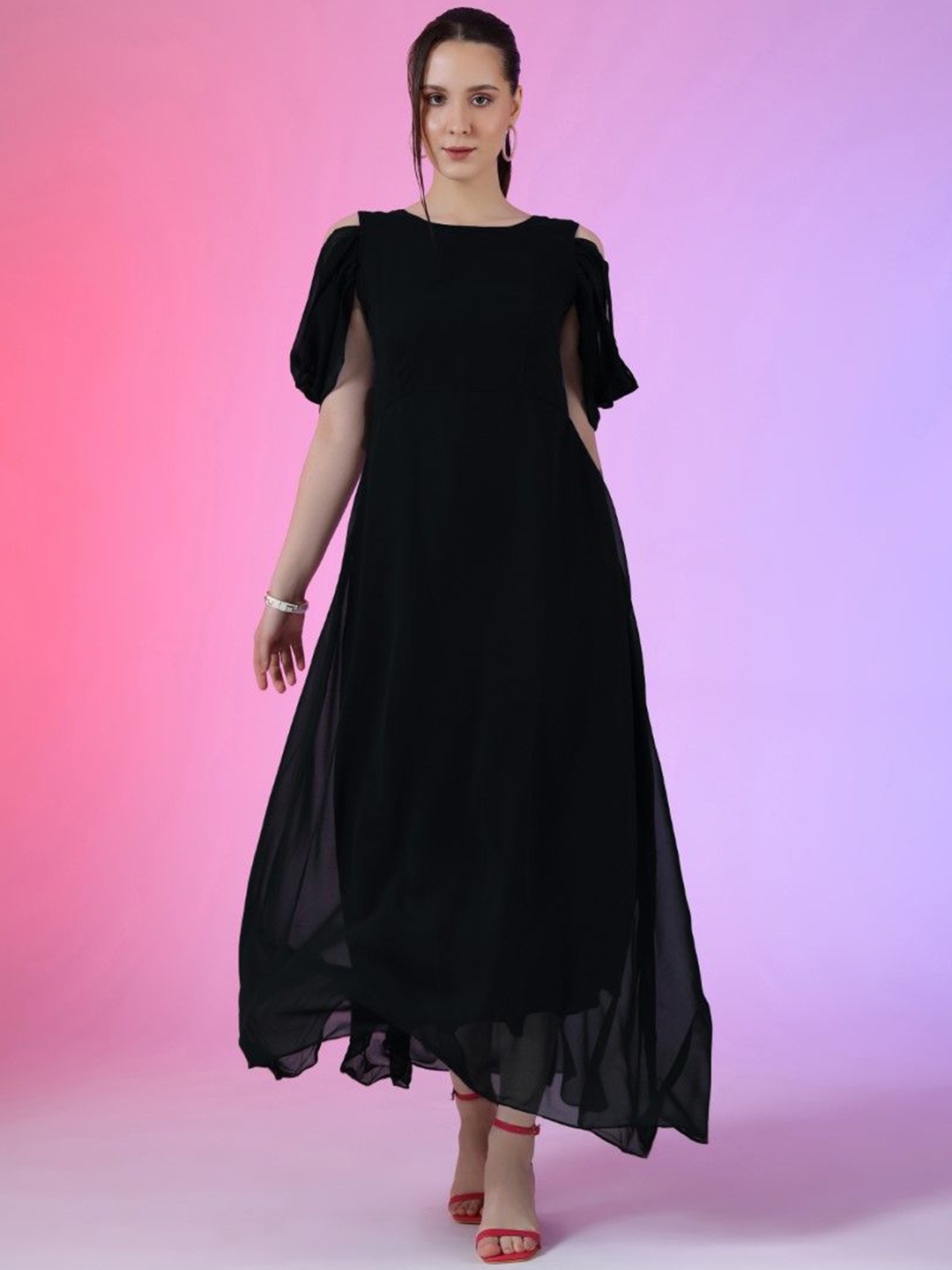 

Krunal Raiyani Georgette Fit & Flare Maxi Dress, Black