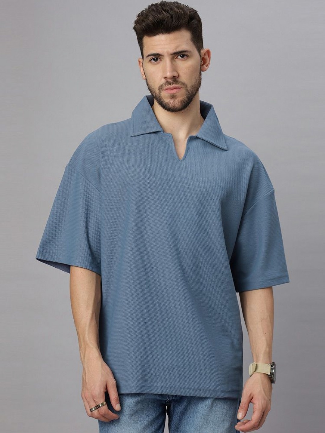 

Wear Your Opinion Men Solid Polo Collar Oversized T-shirt, Blue