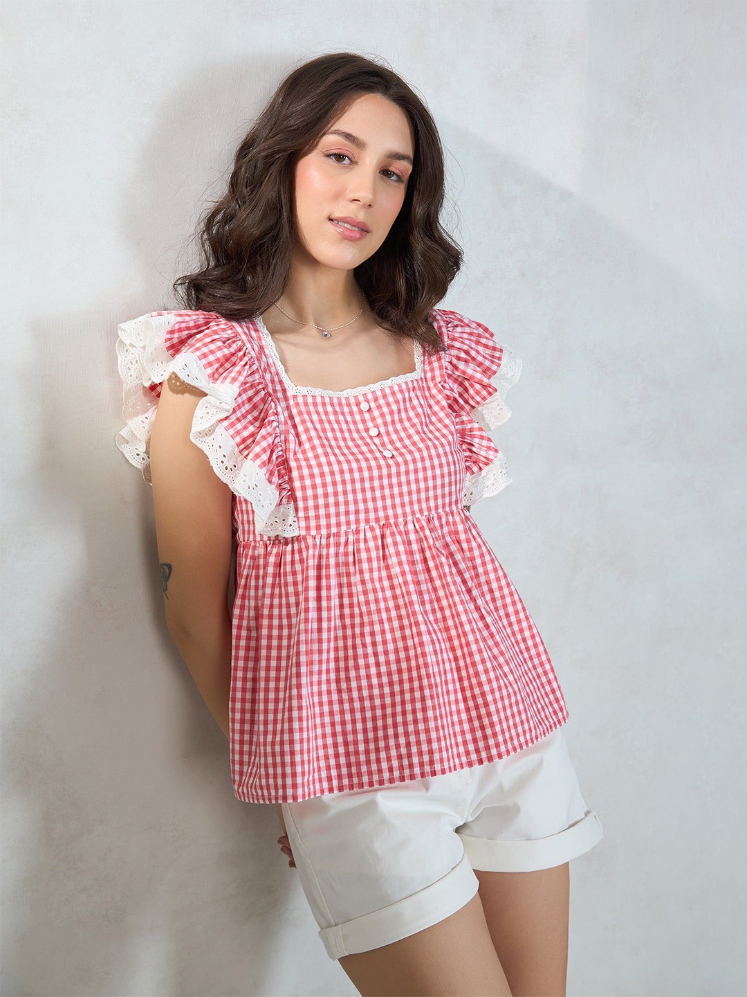 

Virgio Women Checked Square Neck Cotton Top, Red
