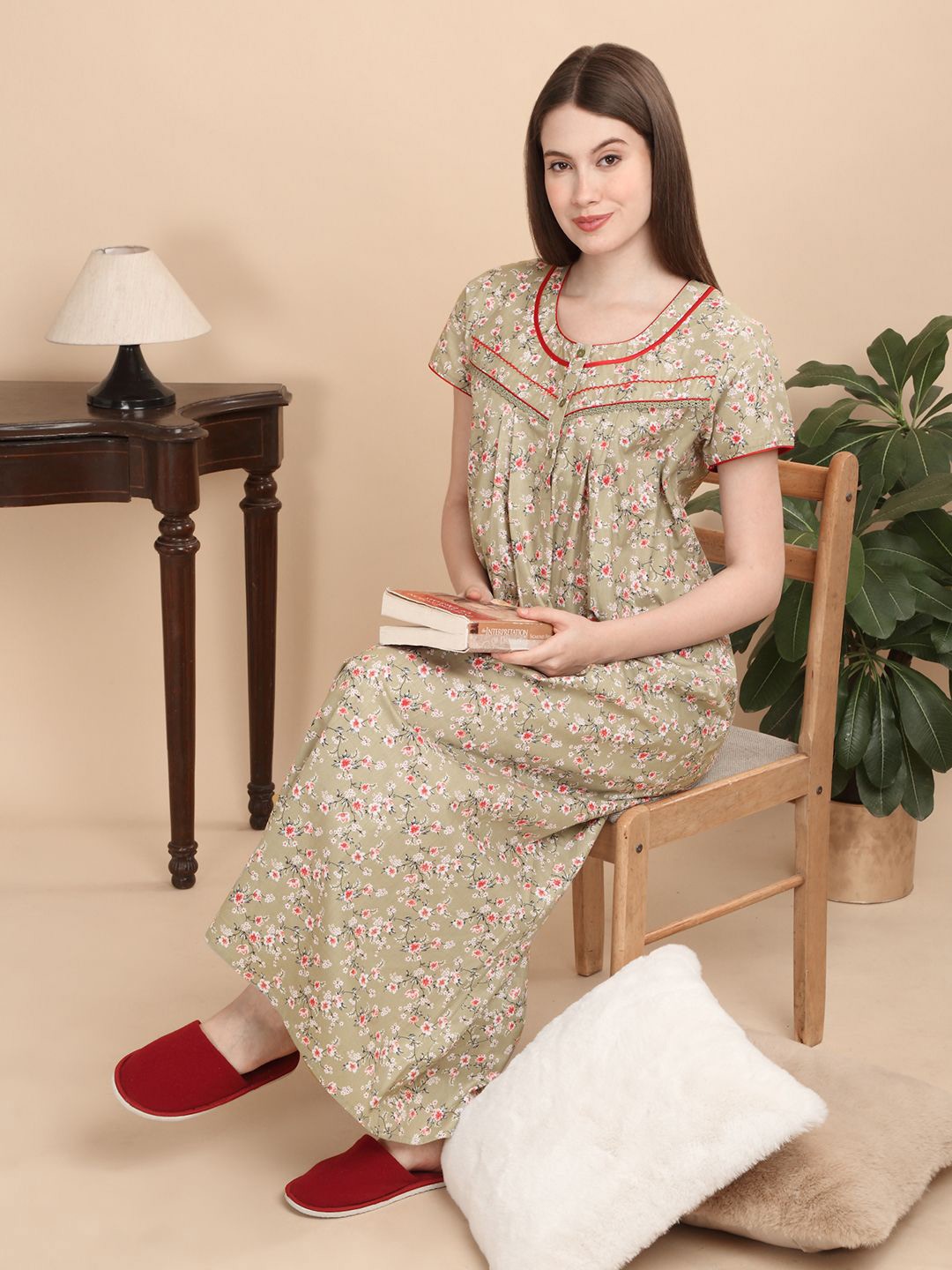 

Sweet Dreams Women Pure Cotton Floral Printed Maxi Nightdress, Green