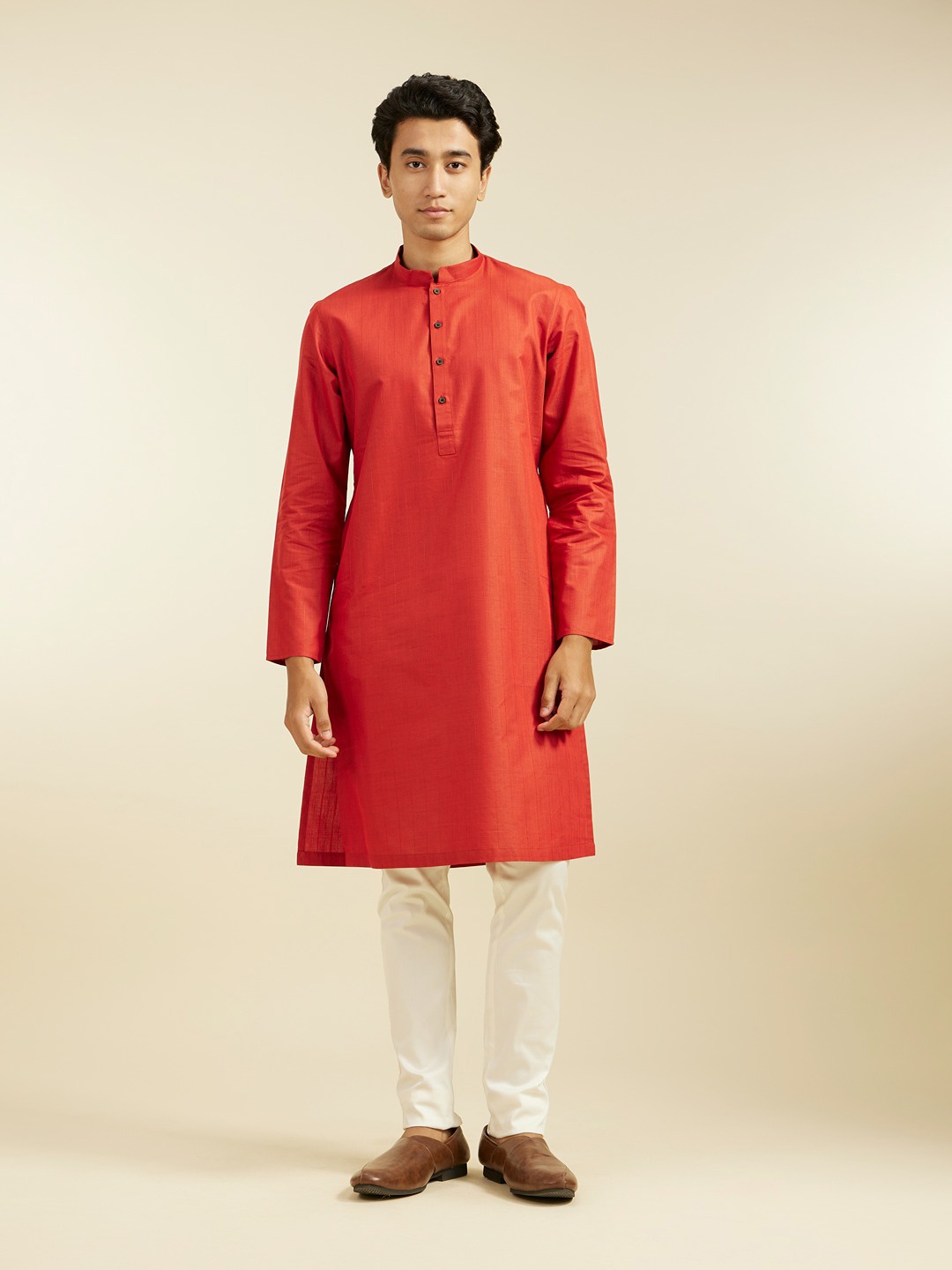 

Diwas by Manyavar Striped Thread Work Mandarin Collar Cotton Straight Kurta, Red