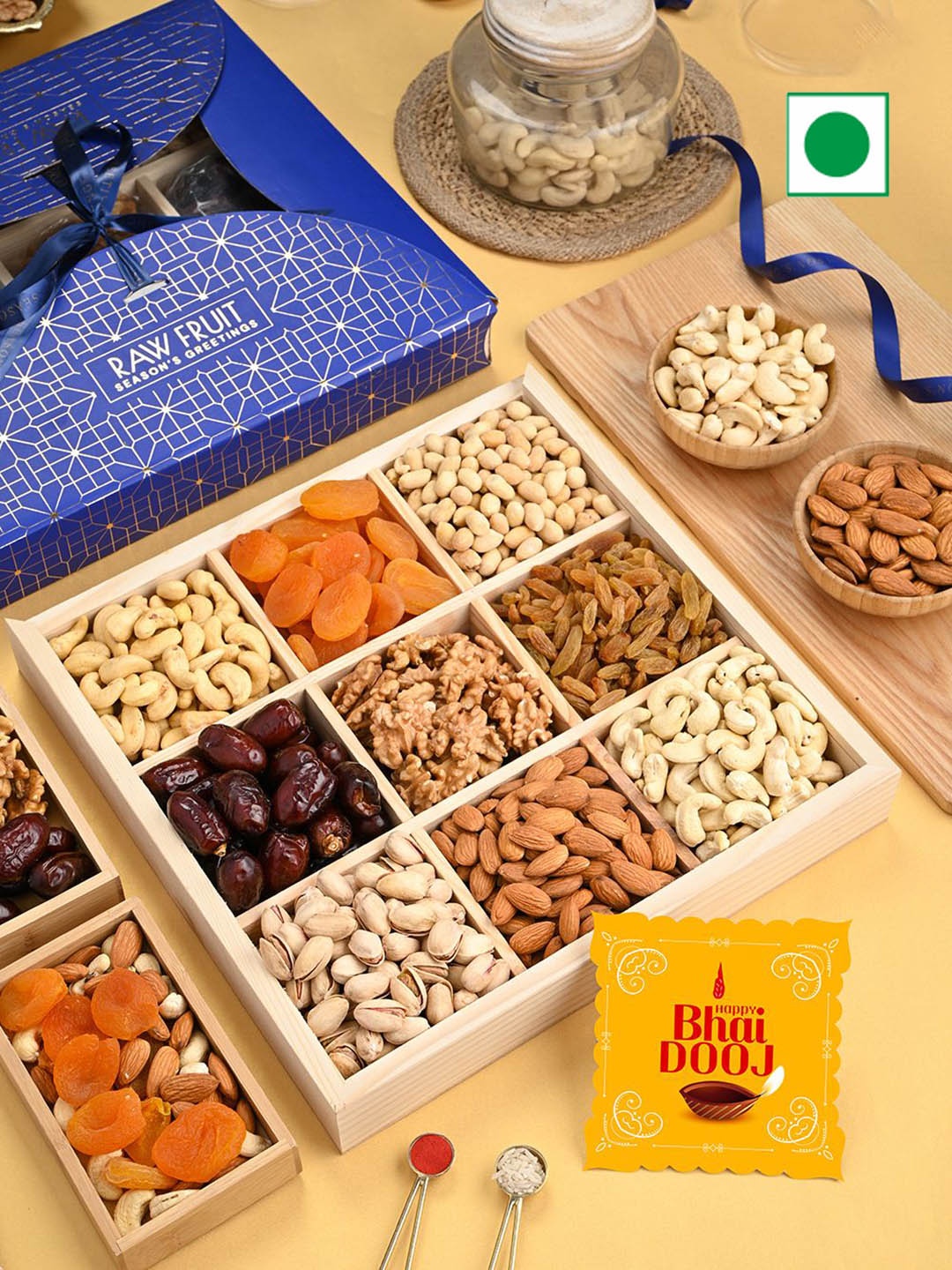 

RawFruit Bhai Dooj Dry Fruit Gift Pack With Roli Chawal, Blue