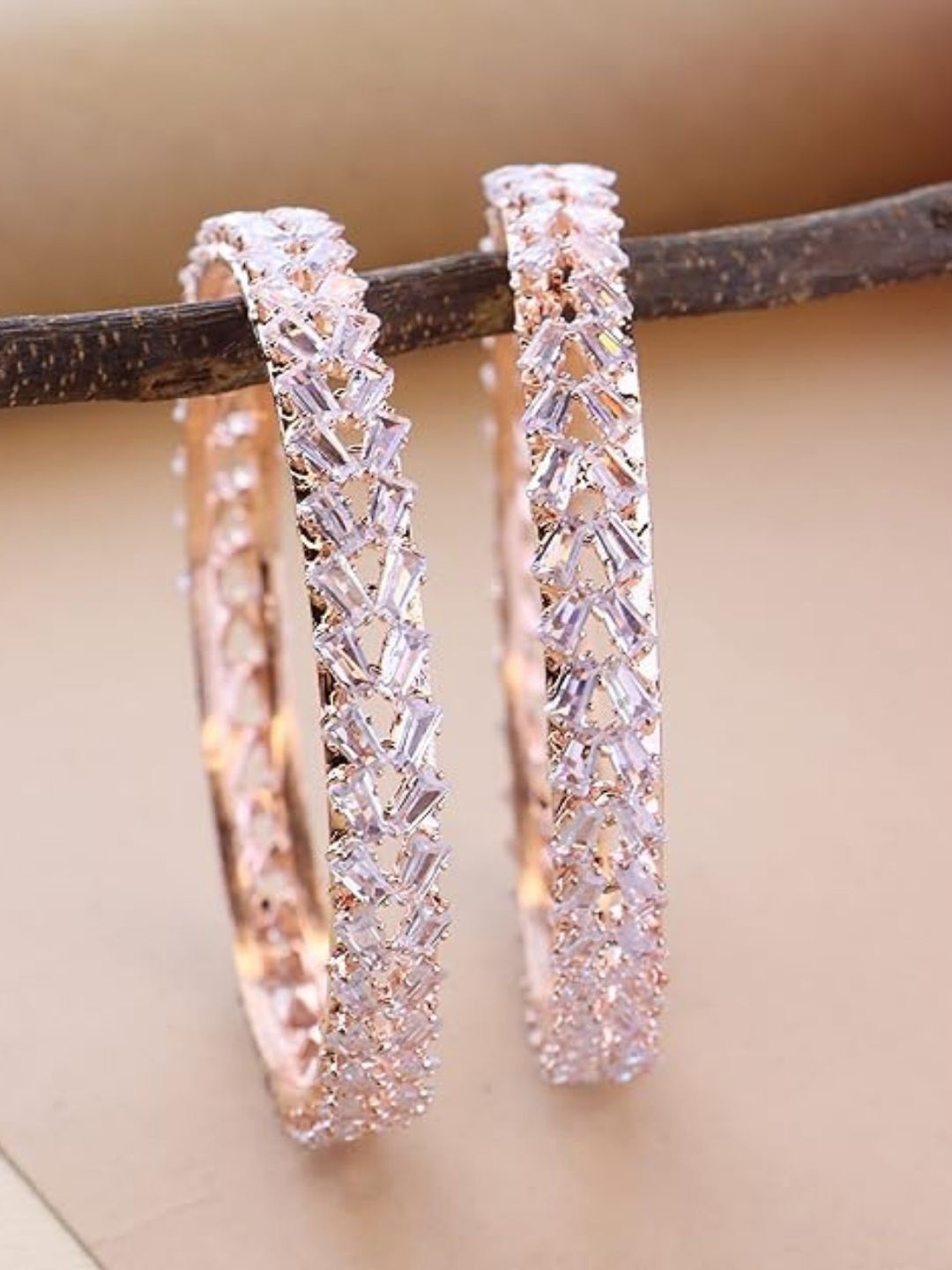 

I Jewels Set of 2 Rose Gold Plated Cubic Zirconia Stone Studded Bangles