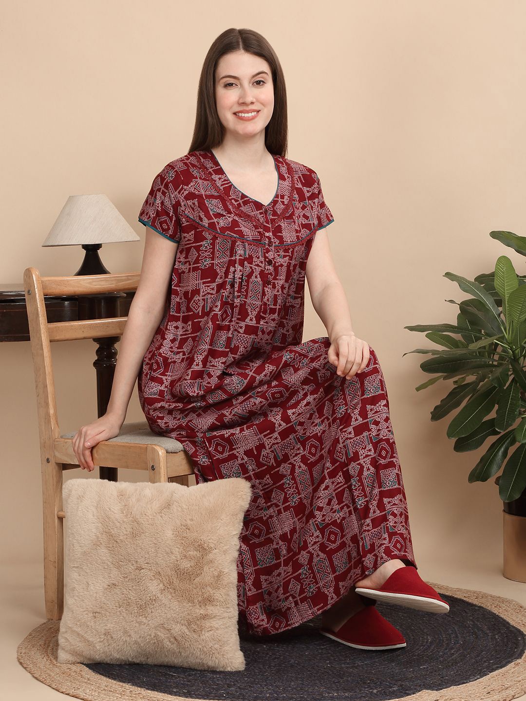 

Sweet Dreams Printed Pure Cotton Maxi Nightdress, Maroon