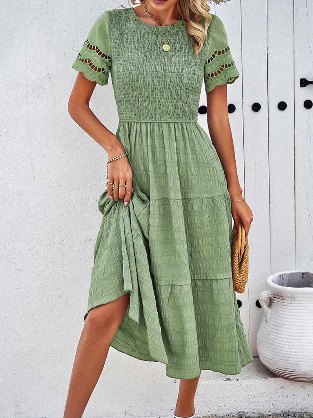 

StyleCast Women Boat Neck Extended Sleeves Self Design Smocked Fit and Flare Midi Dress, Green