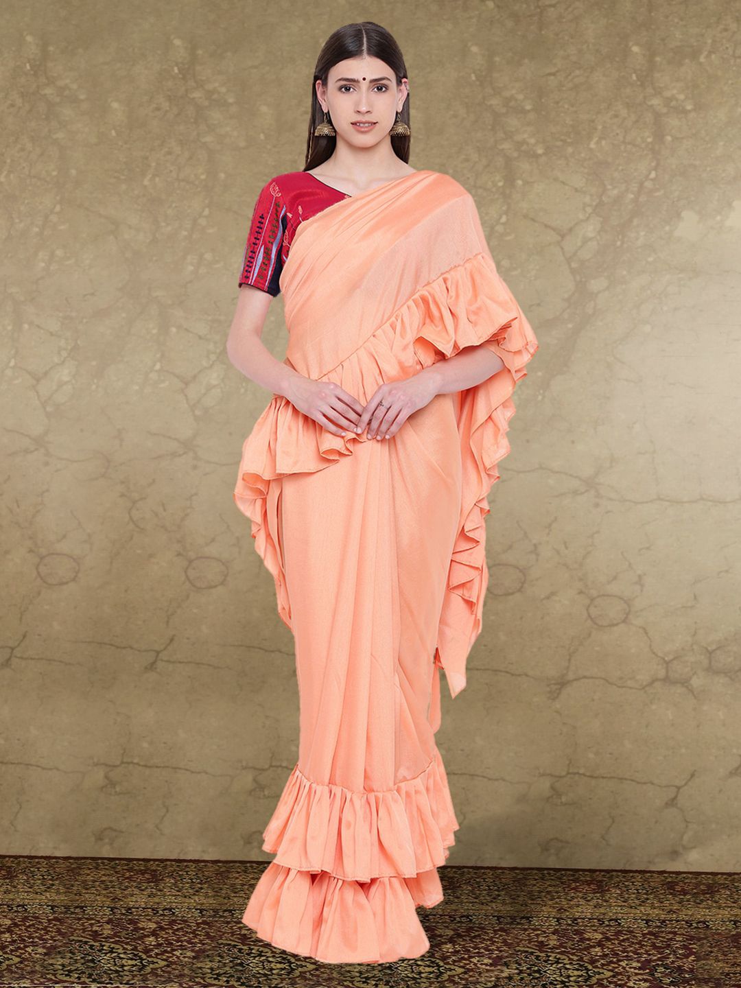 

Sangria Solid Ruffles Saree with Blouse Piece, Peach