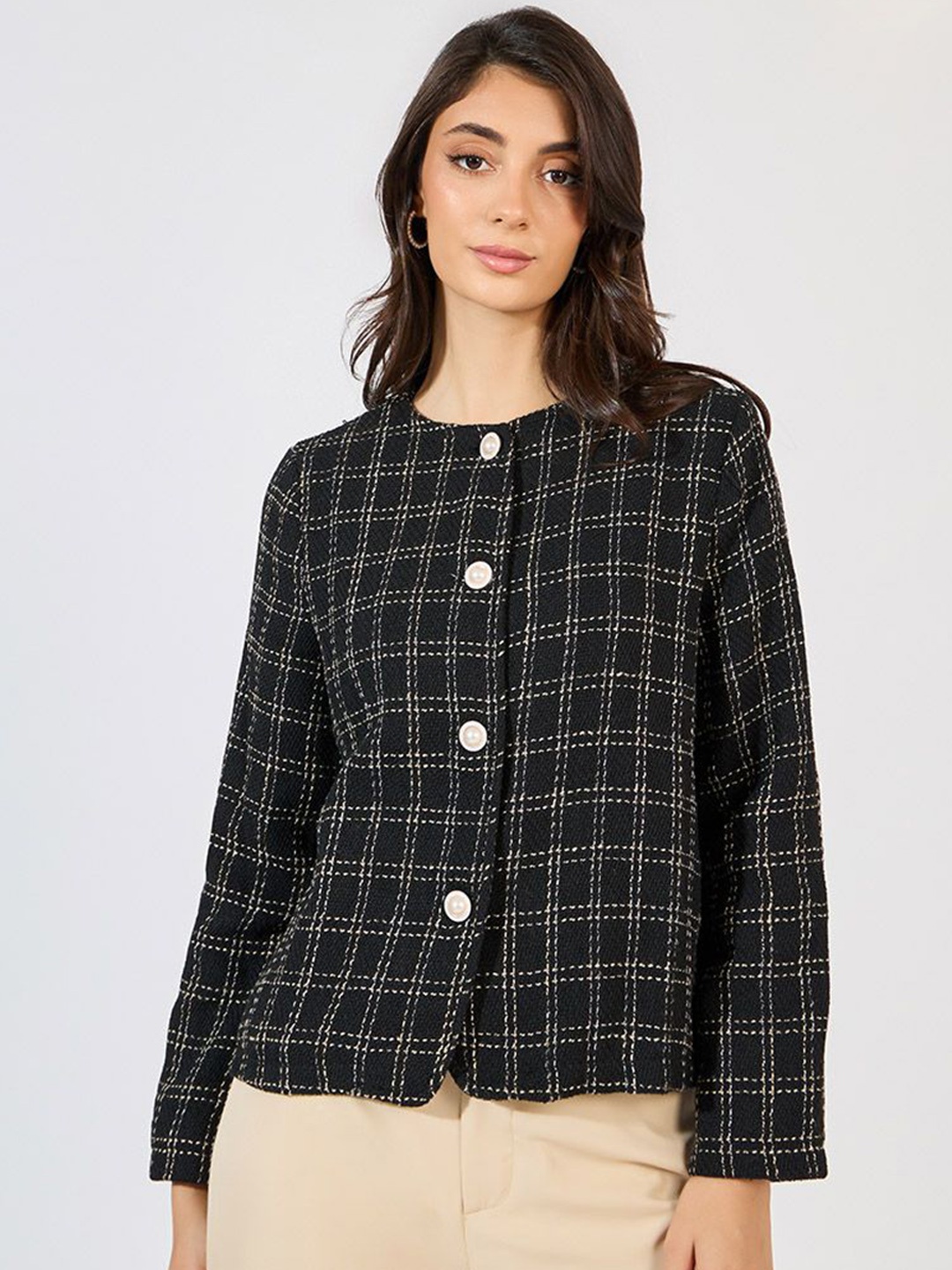 

Styli Women Checked Collarless Tweed Jacket, Black