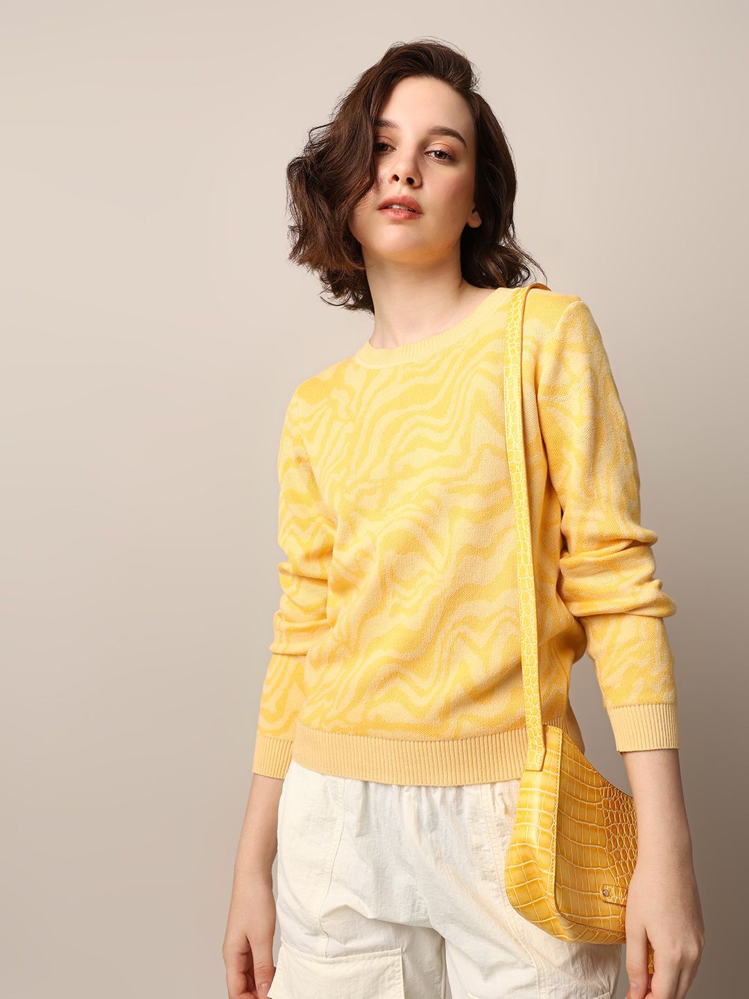 

ONLY Women Self Design Pure Cotton Ribbed Pullover Sweater, Yellow