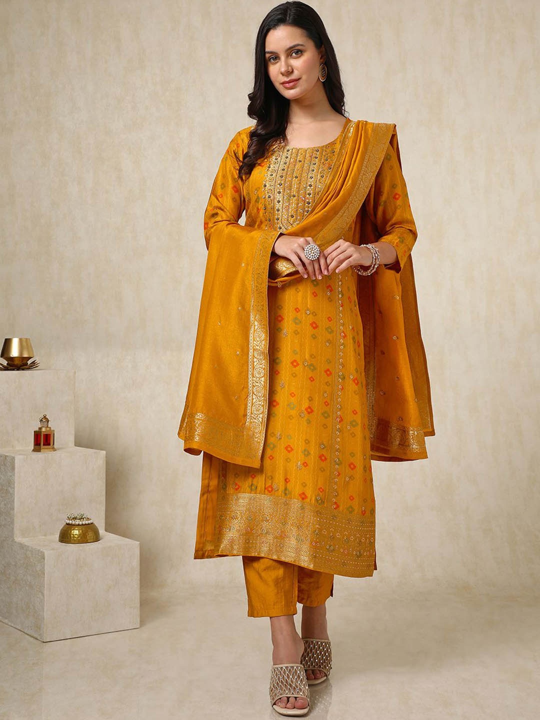 

Soch Ethnic Motifs Embroidered Beads and Stones Straight Kurta with Trousers & Dupatta, Mustard