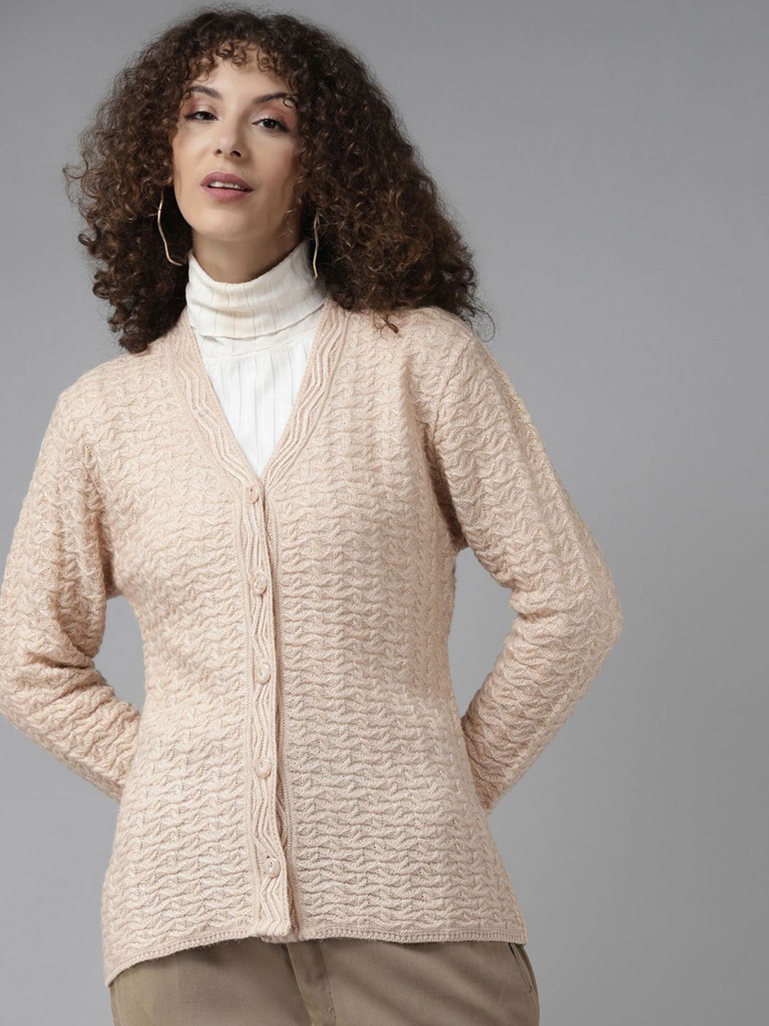 

Cayman Women Self Design Cable Knit Cardigan, Beige