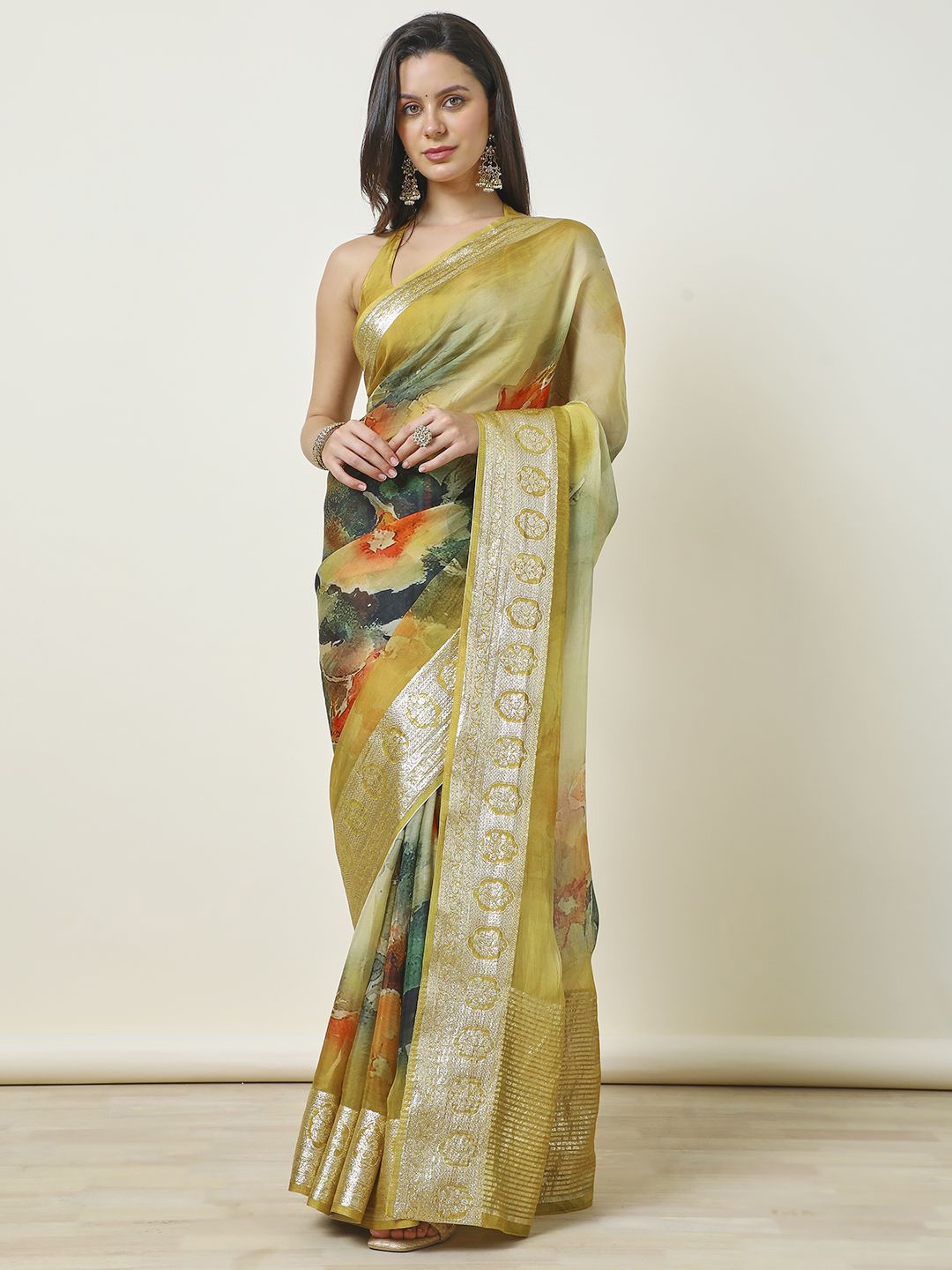 

Soch Zari Printed Organza Saree, Mustard