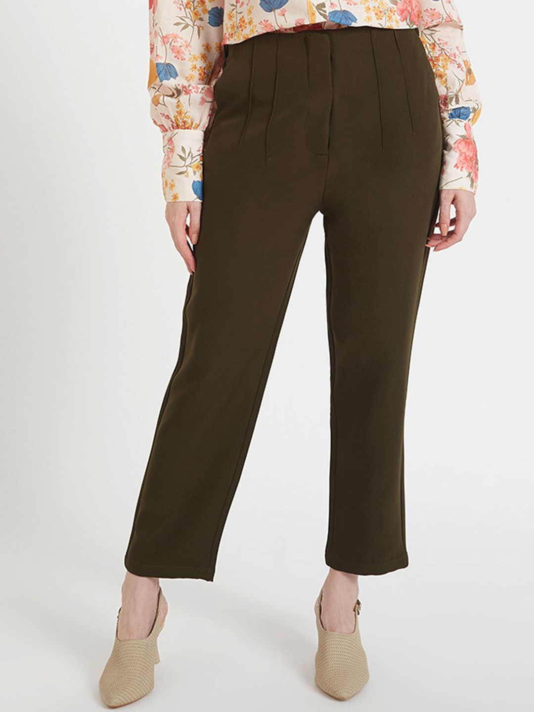 

AMSWAN Women Solid Smart Skinny Fit High-Rise Pleated Trousers, Olive