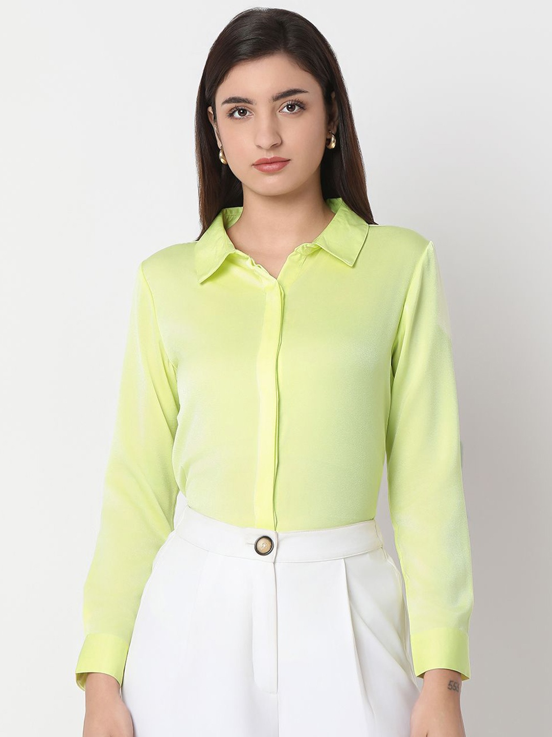 

NOT SO PINK Women Premium Spread Collar Solid Satin Formal Shirt, Yellow