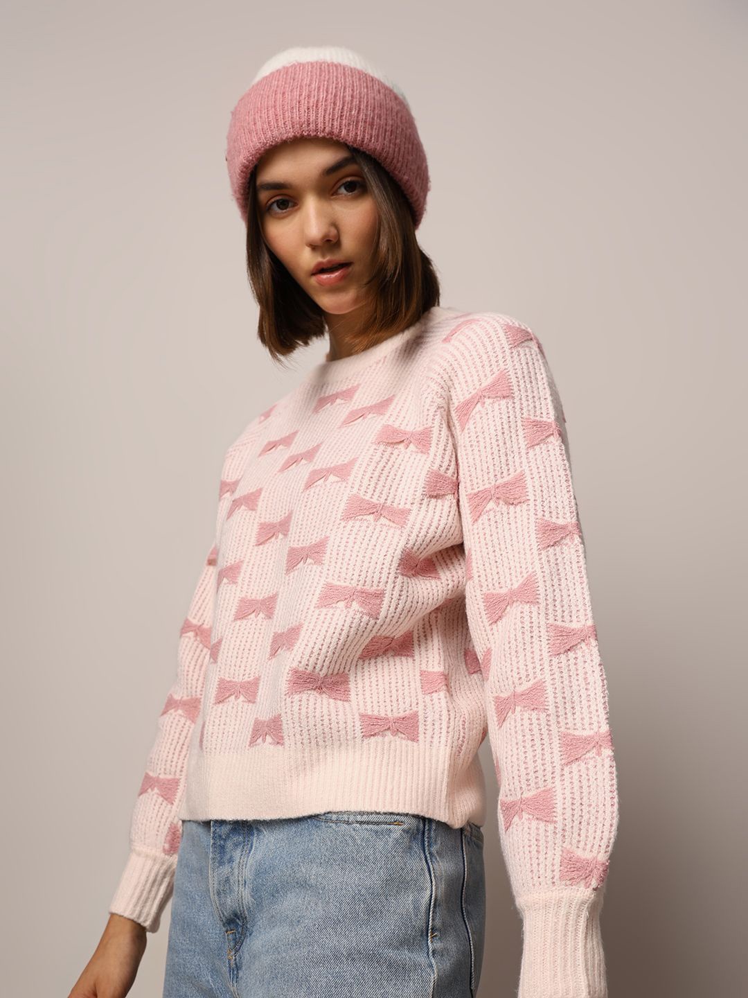 

ONLY Women Self Design Embroidered Pullover Ribbed Sweater, Pink