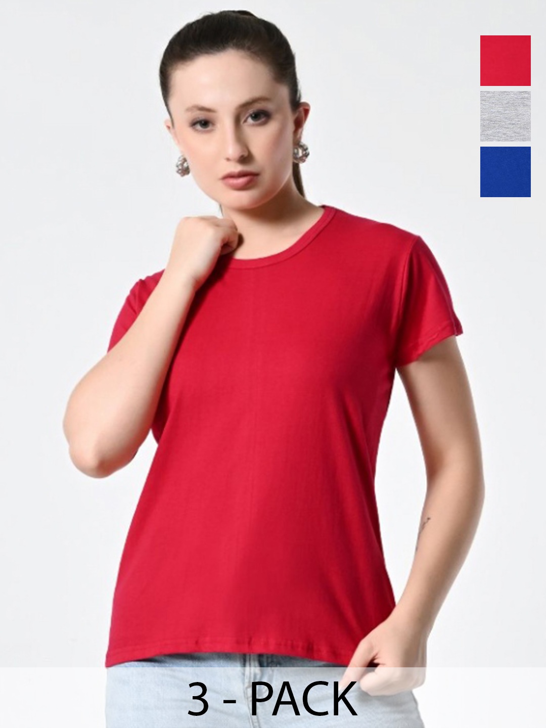 

BAESD Women Pack Of 3 Solid Round Neck Cotton T-shirts, Red