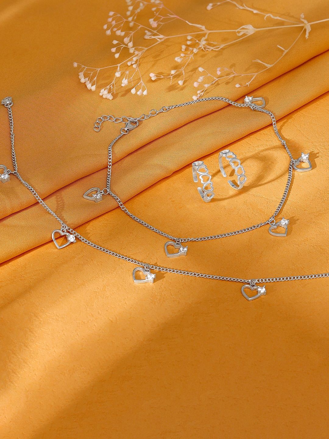 

GIVA 925 Sterling Silver Stone-Studded Anklet And Toe Rings Kadambari Jewellery Set