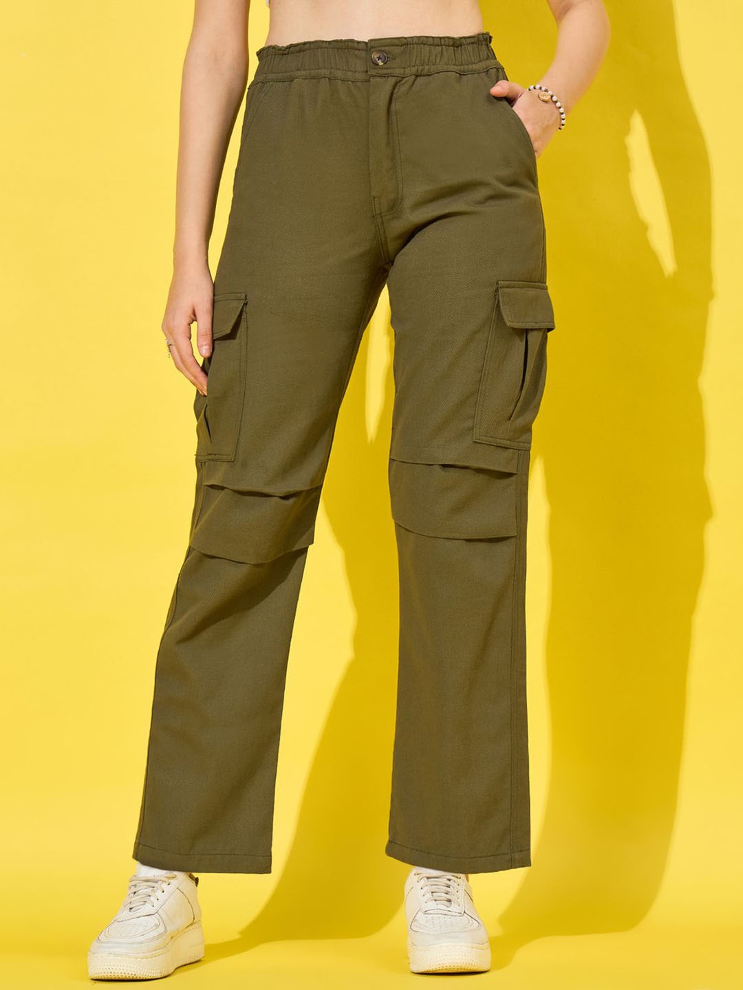 

BUY NEW TREND Women Relaxed Straight Leg High-Rise Cargos Trousers, Olive