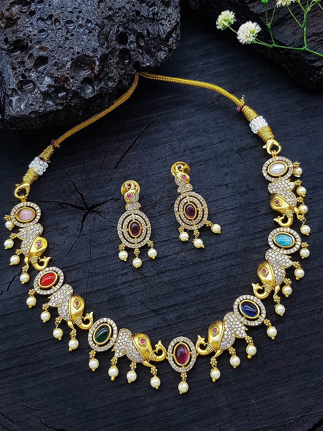 

GRIIHAM Gold-Plated CZ Stones-Studded & Beaded Necklace & Earrings