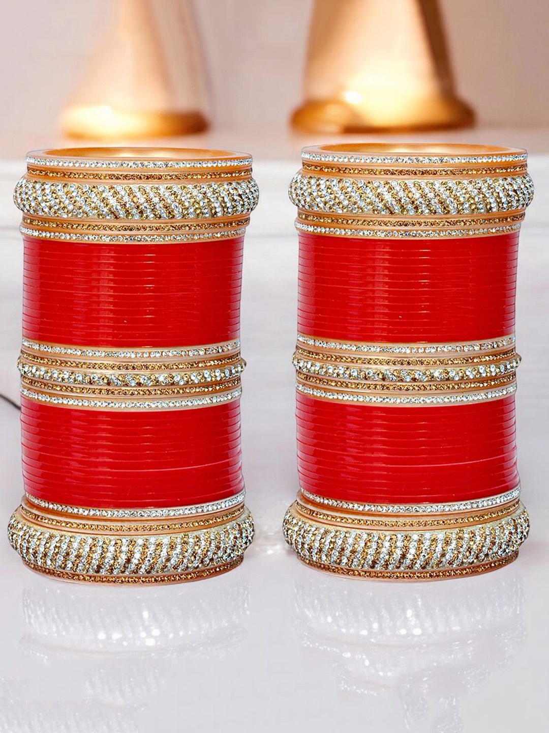

LUCKY JEWELLERY Set of 80 Stone-Studded Punjabi Chura Bridal Wedding Bangle Set, Red