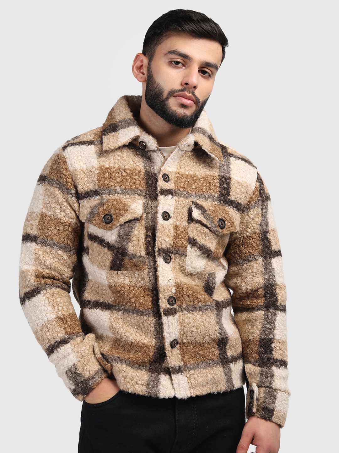 

HONNETE Men Checked Spread Collar Pea Coat, Beige