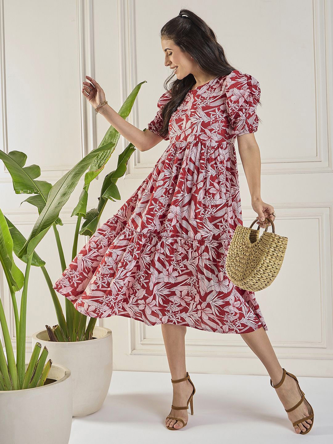 

WineRed Floral Printed Cotton Puff Sleeve Fit & Flare Midi Dress, Maroon