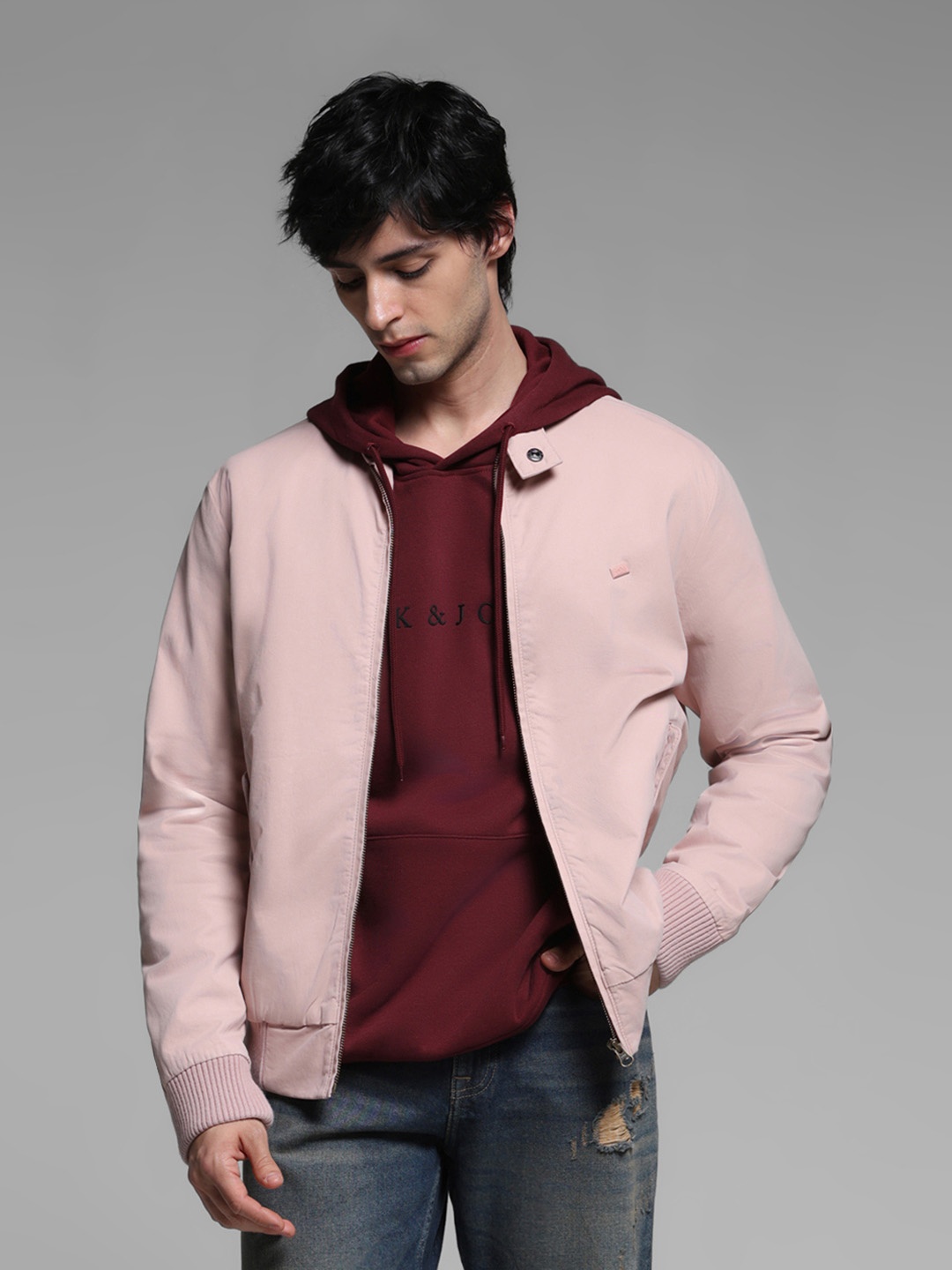 

Jack & Jones Men Mock Collar Solid Cotton Casual Bomber Jacket, Peach