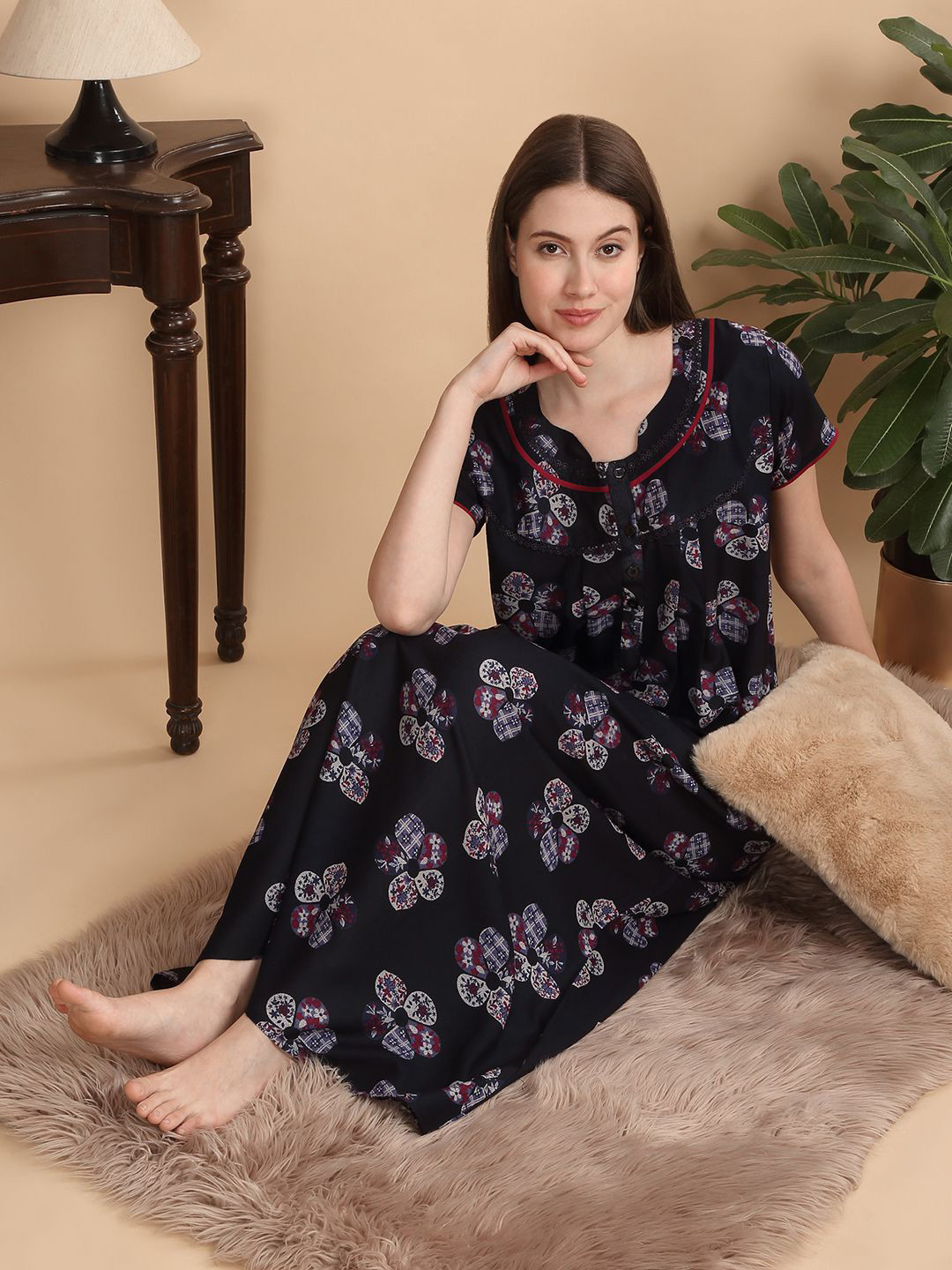 

Sweet Dreams Women Printed Pure Cotton Maxi Nightdress, Navy blue