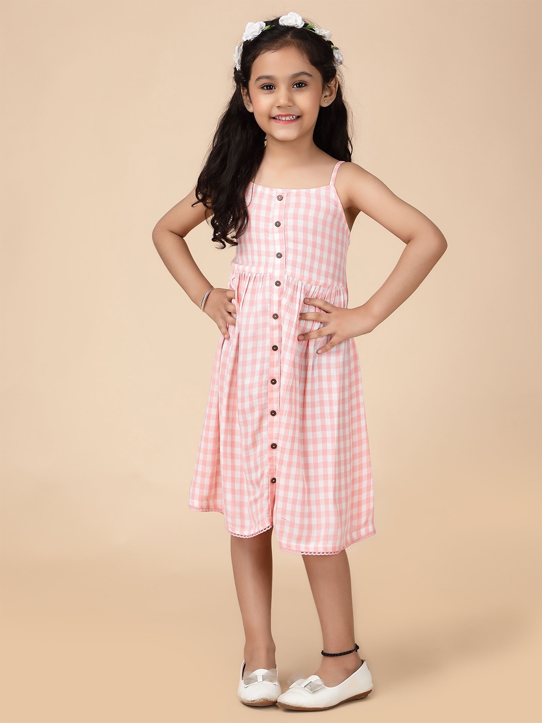 

HERE&NOW Girls Checked Fit & Flare Dress, Pink