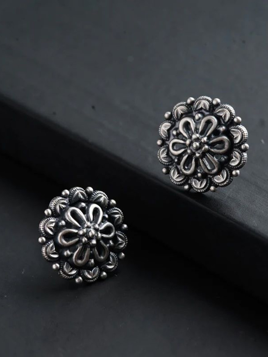 

House of Aadyaa 92.5 Sterling Silver Oxidised Floral Studs