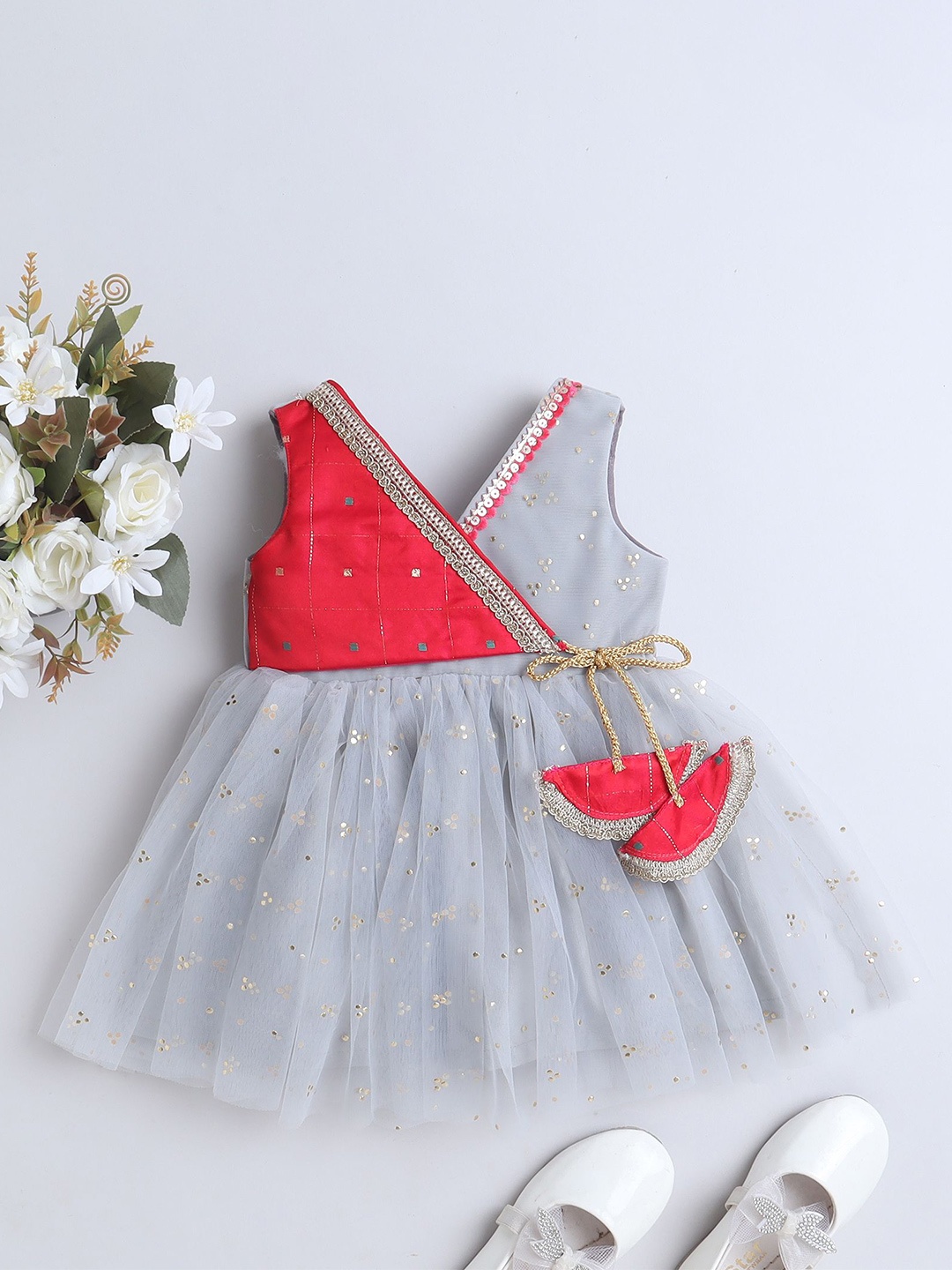 

MANY FROCKS & Girls Conversational Printed Net Dress, Grey