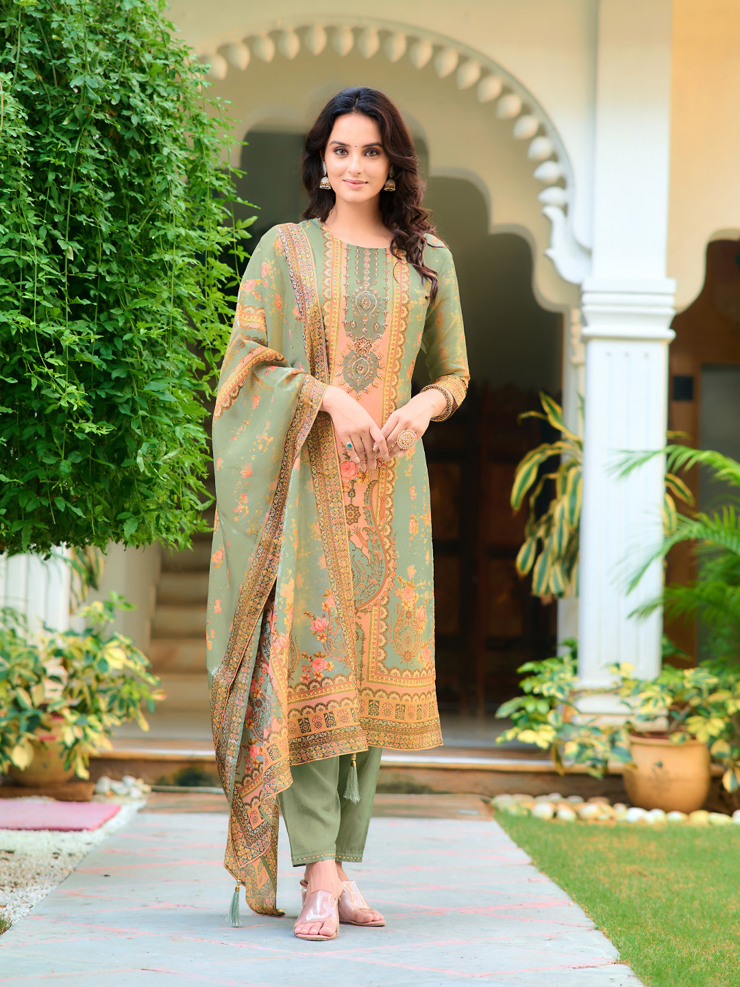 

KALINI Printed Beads & Stones Pure Silk Straight Kurta with Trousers & Dupatta, Green