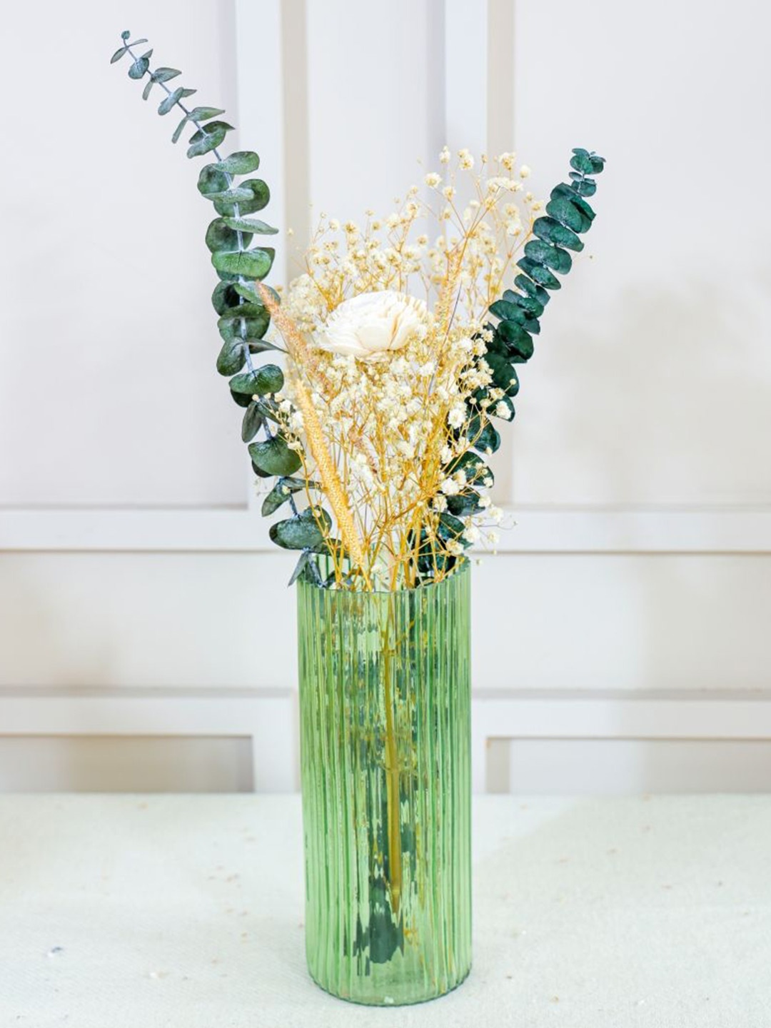 

ArteCasa Green Textured Glow Glass Vase With Eucalyptus Bunch