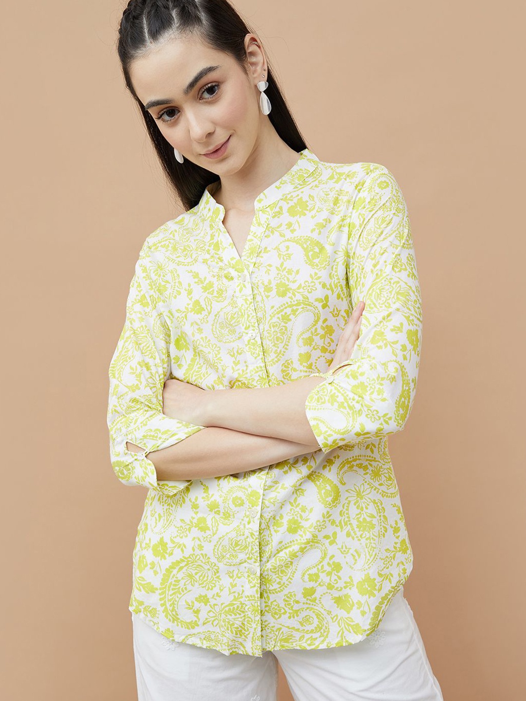 

Colour Me by Melange Women Mandarin Collar Ethnic Motifs Printed Cotton Casual Shirt, Yellow