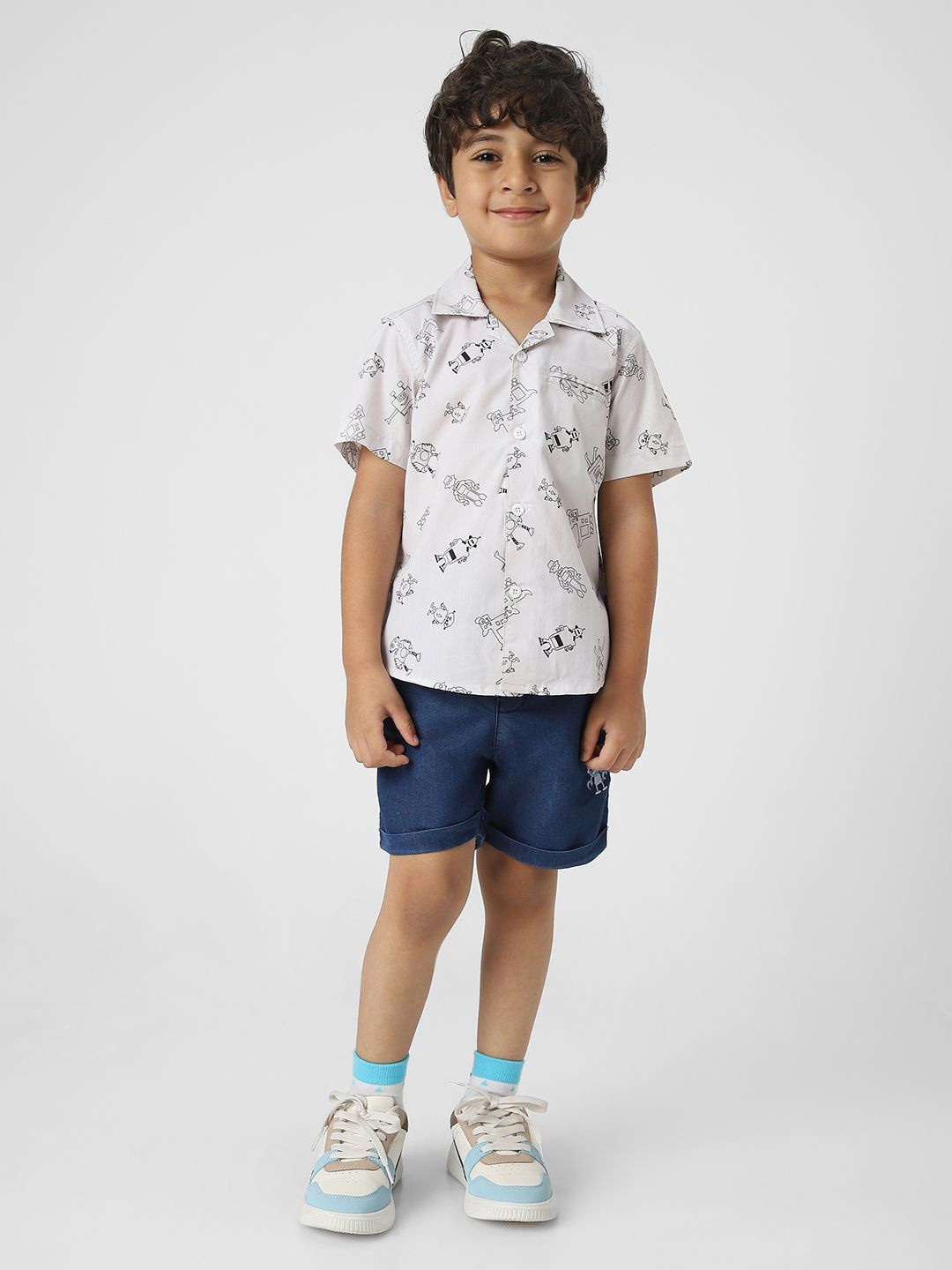 

Nautinati Boys' Cotton Robot Printed Shirt and Denim Shorts, Off white