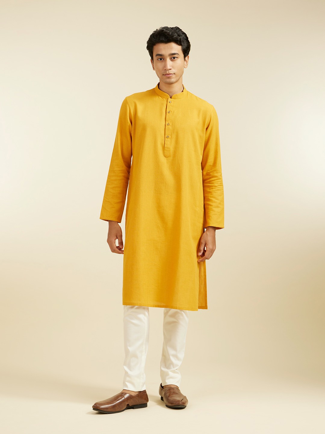 

Diwas by Manyavar Mandarin Collar Cotton Straight Kurta, Mustard