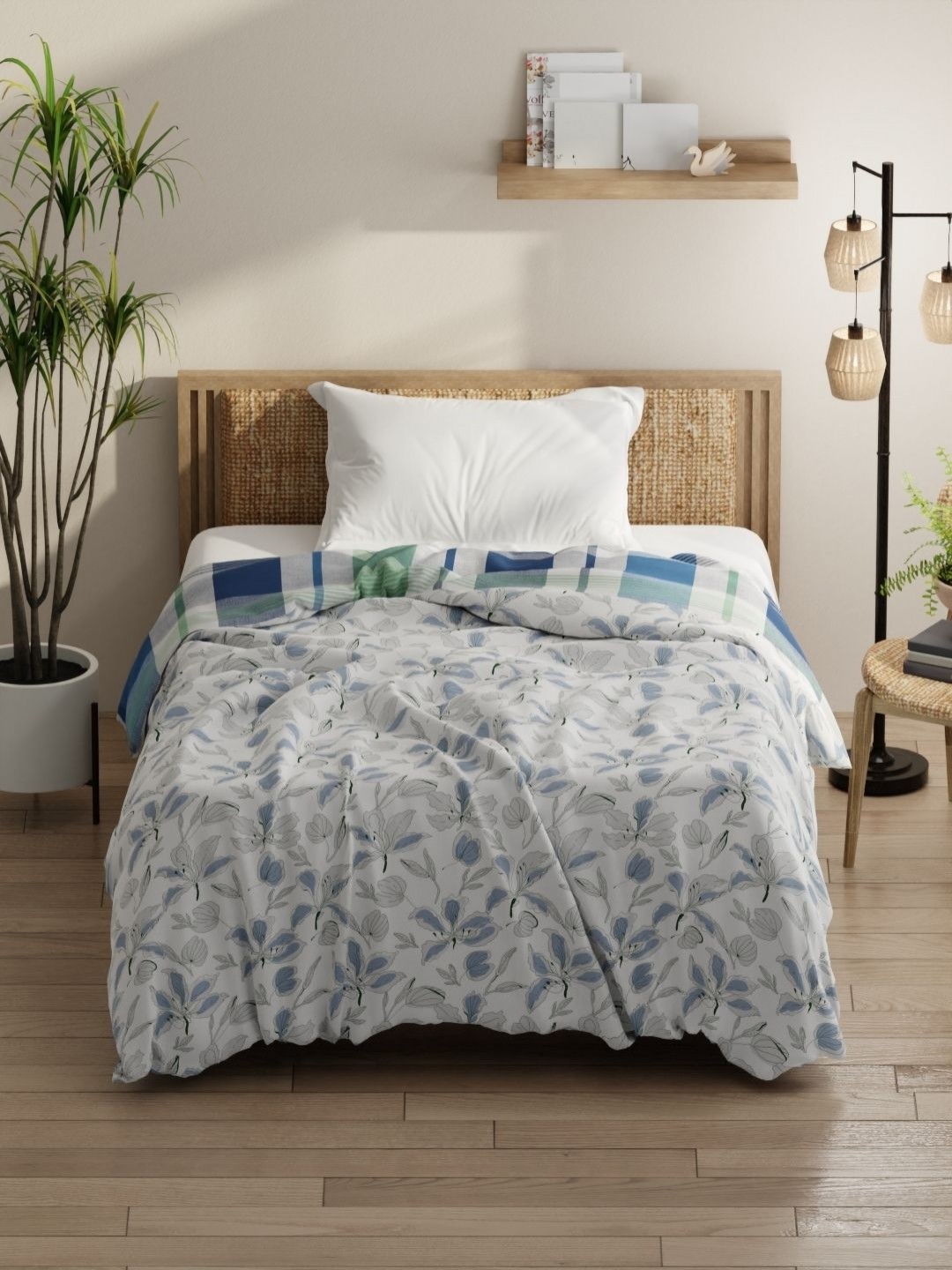 

KOPA White & Blue Floral Printed Microfiber AC Room 150 GSM Single Bed Comforter