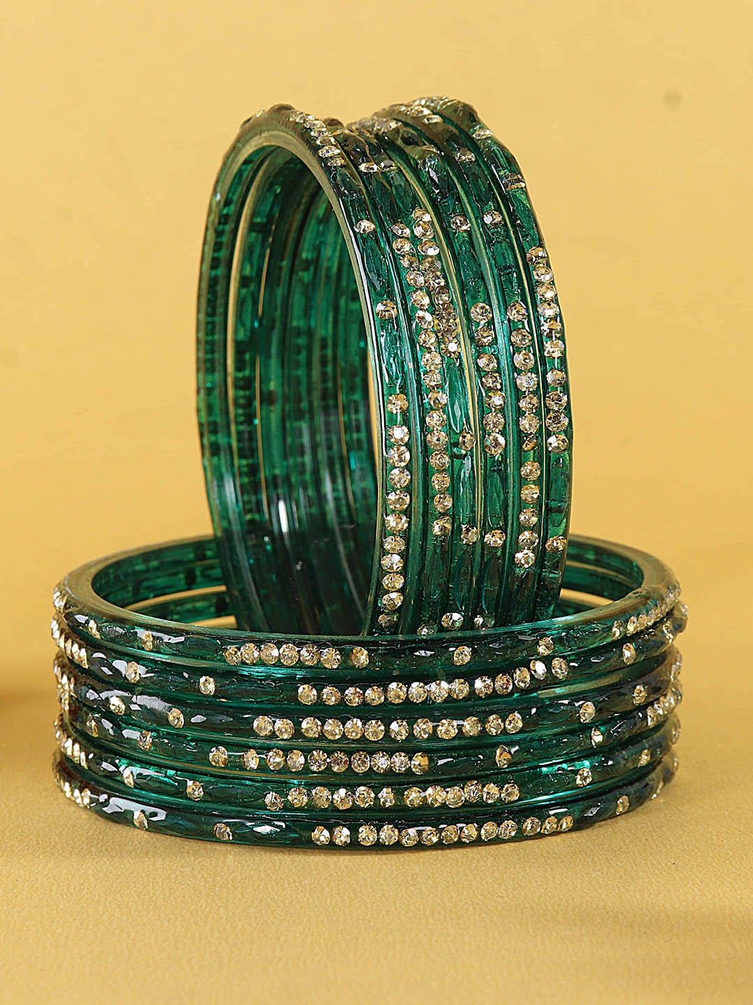 

LAVAZZA Set Of 12 Zircon Diamond & Beads Work Glass Bangles, Teal