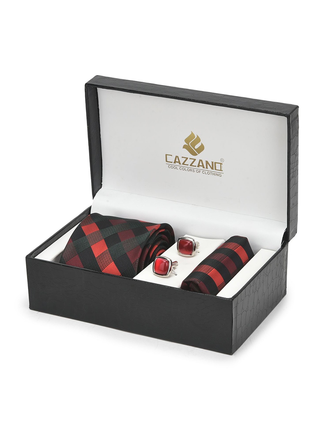 

Cazzano Men Checked Slim Tie Cufflinks & Pocket Square Accessory Gift Set, Maroon