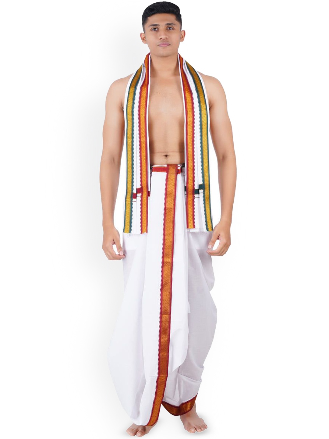 

Ramraj Men Traditional Panchakacham with Angavastram, White