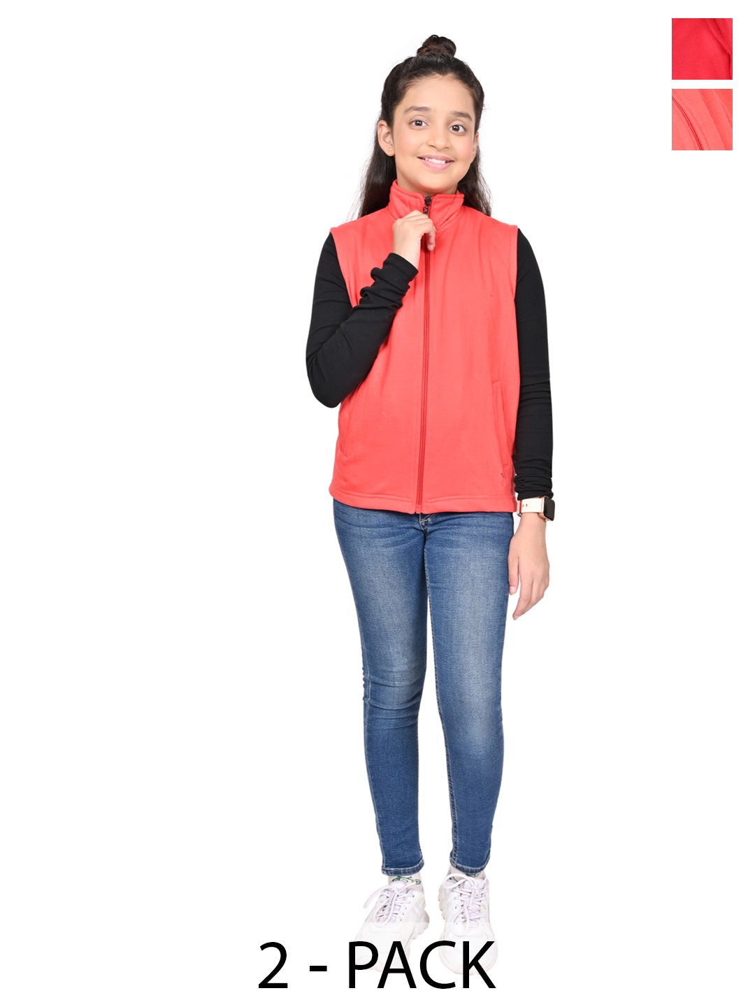 

BAESD Girls Pack Of 2 Mock Collar Solid Fleece Casual Open Front Jackets, Red