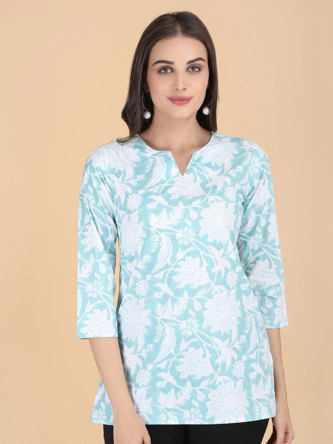 

PIDAVLIYA'S Women Floral Printed V-Neck Cotton Top, Turquoise blue