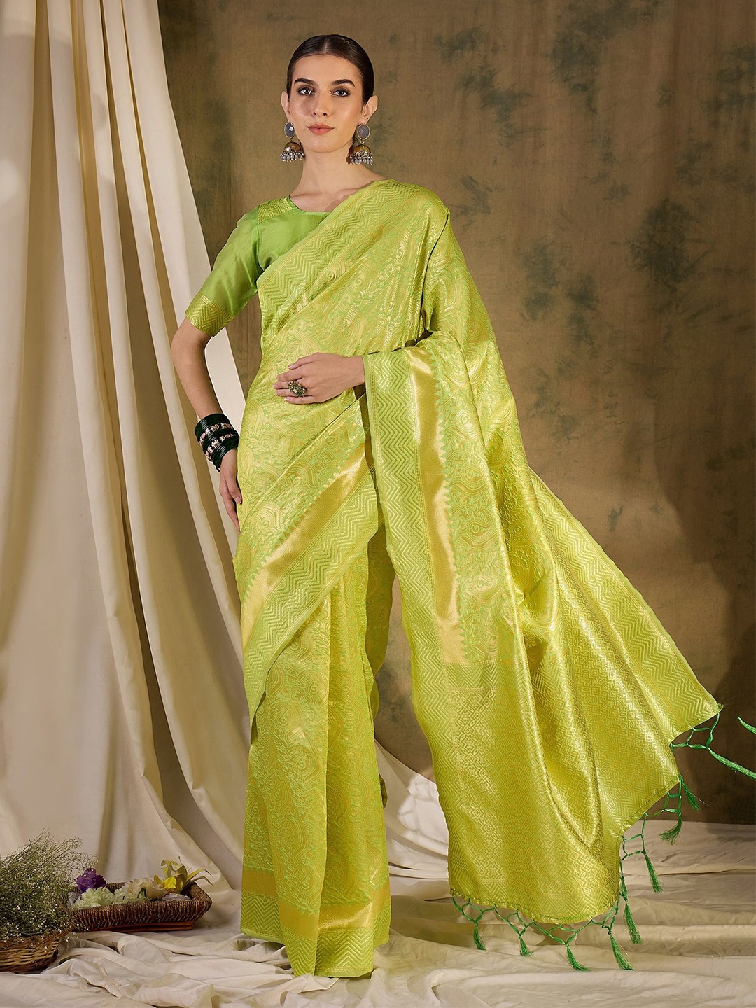 

Maroosh Woven Design ZarI Banarasi Saree, Lime green