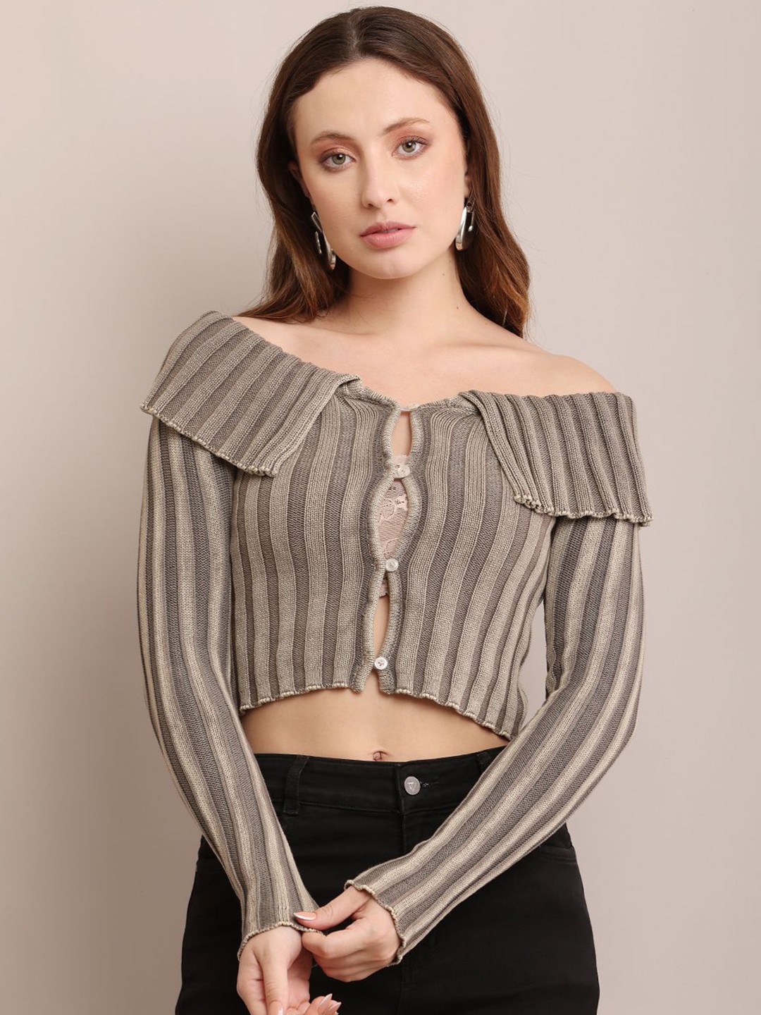 

NoBarr Women Vertical Striped Off-Shoulder Cotton Top, Grey